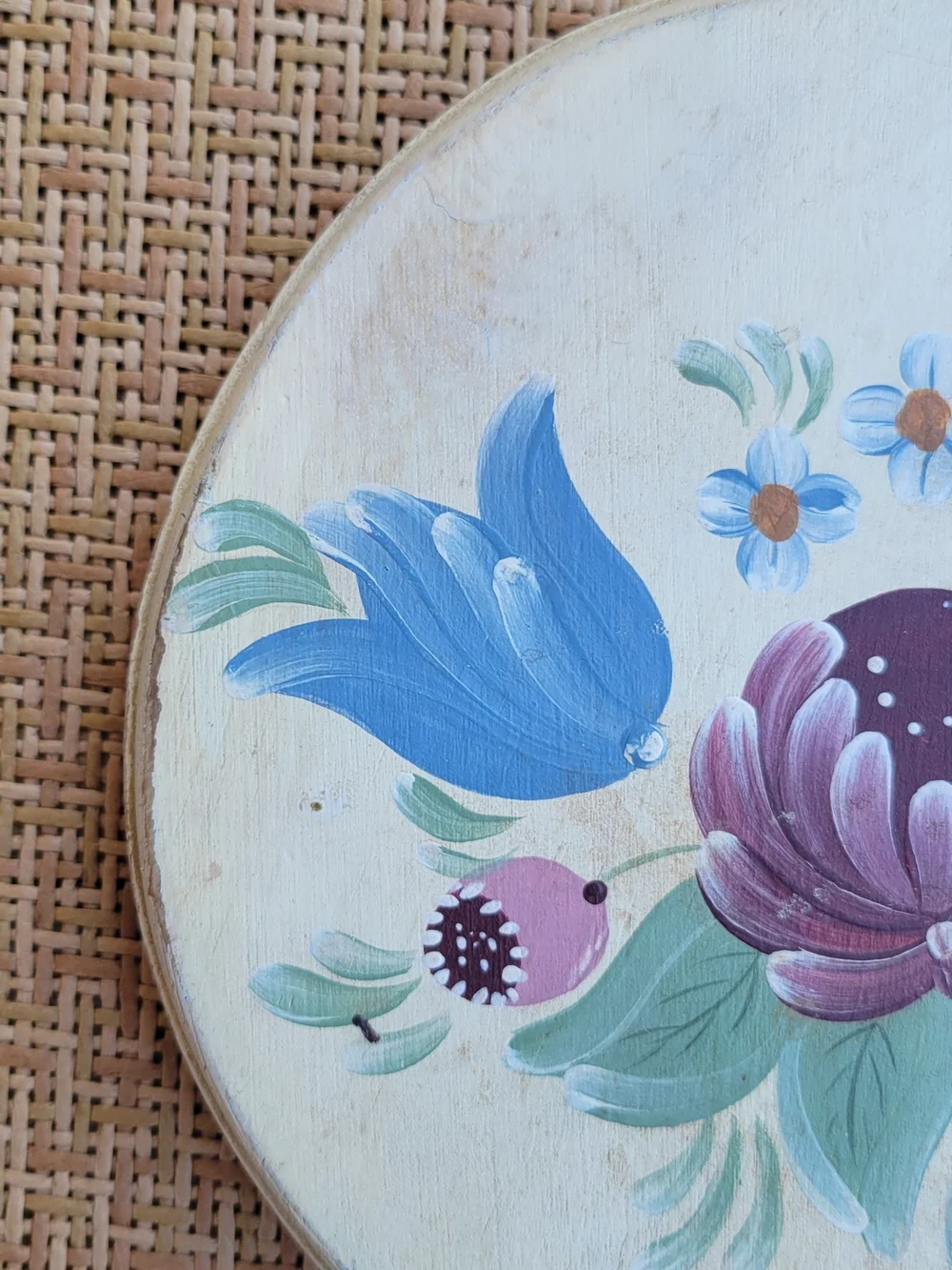 Vintage Hand Painted Floral Heart Handle Wooden Mirror